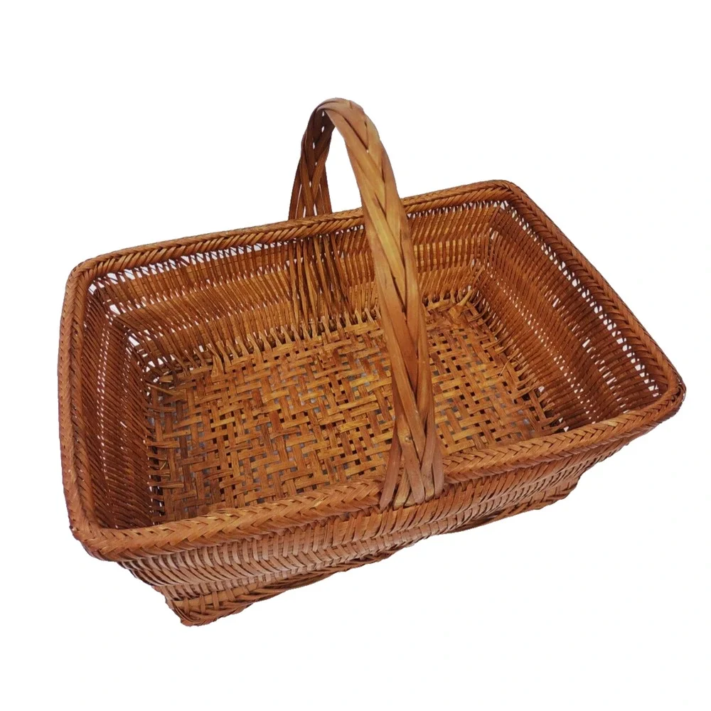 Antique Chinese Split Bamboo Handmade Woven Gathering Basket with Handle 14